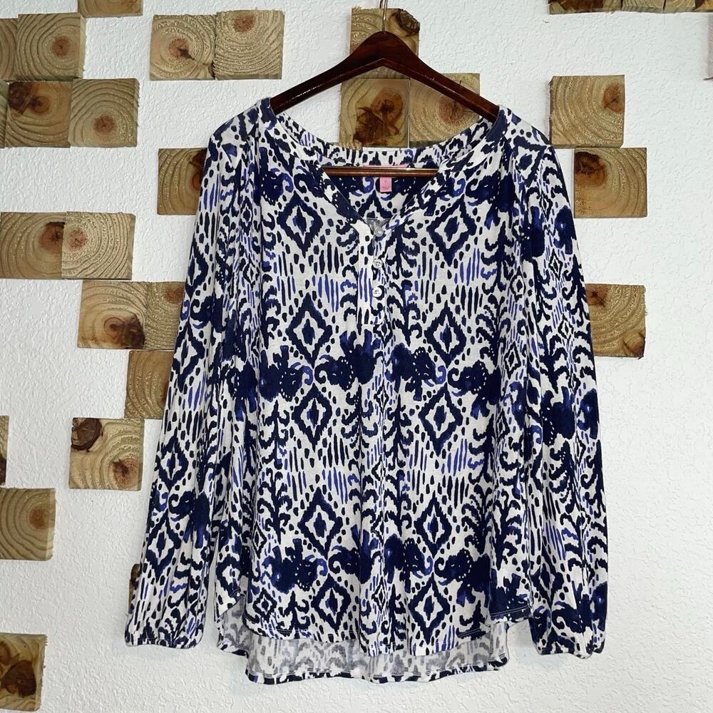 Lilly Pulitzer Women’s Medium Lilias Tunic Top Long Sleeve V Neck Blouse Beach